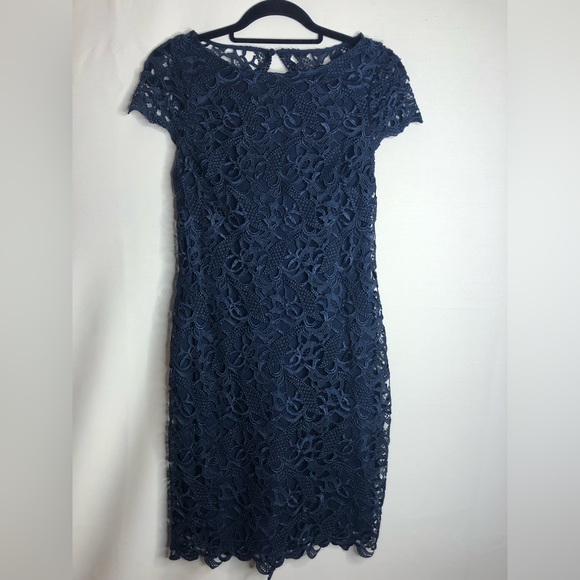 Alice + Olivia Clover Navy Blue Lace Bodycon Fitted Cut Out Mini Dress Size 8 - Picture 2 of 9